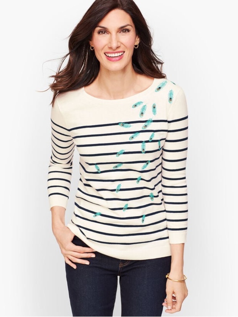 Talbots Cream Sweater with Navy Stripes and Teal Feather Embroidery